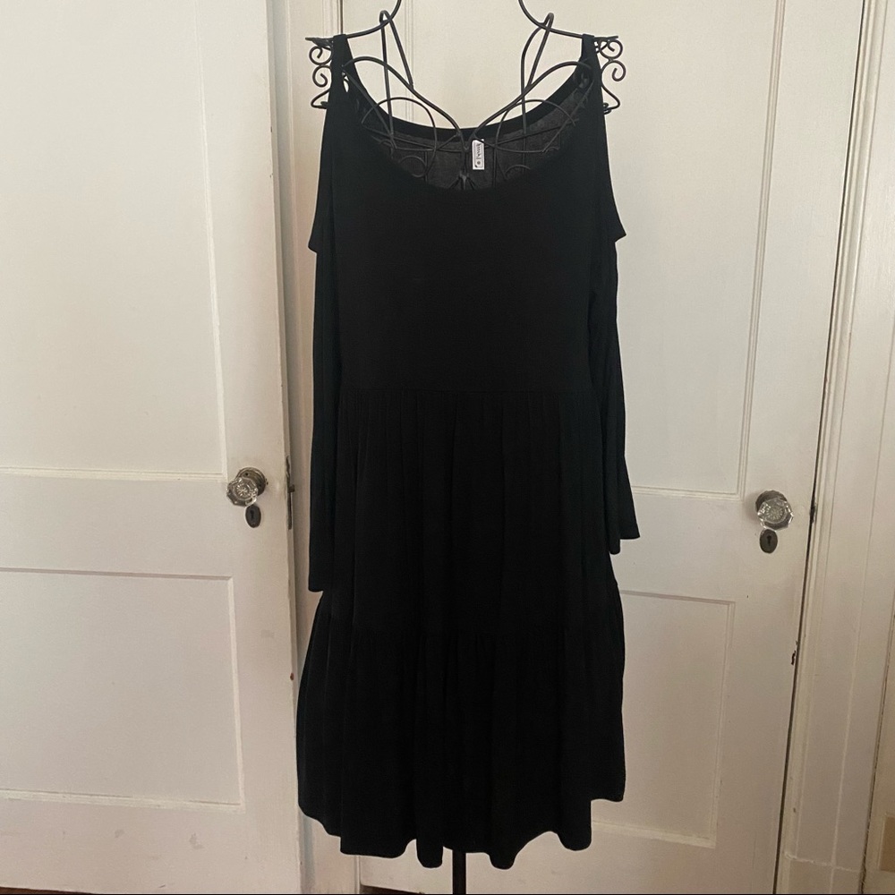 Black cutout shoulder, long sleeve ruffled dress